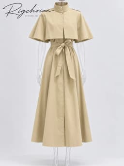 Women's Trench Style Midi Dress Stand Collar Cape Overlay Short Sleeve Belted Waist A‑Line Dresses Autumn Elegant Office Outfits