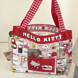 Retro Red Checkered Hello Kitty Transparent Handbag Cartoon Print PVC Waterproof Mommy Bag Swimming Storage Tote Bag