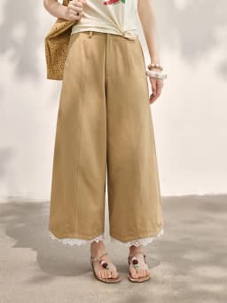 MISHOW Khaki High Waisted Wide Leg Cropped Pants For Women 2026 Summer Lace Trimmed Hem Retro Casual Loose Pants MXF24K1294