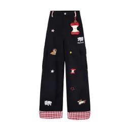 Y2K Puppy Jeans High Waist Checkered Patchwork Work Pants American Retro Loose Fit Straight Leg Wide Leg