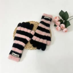 Striped Knitted Korean Style Plush Touchscreen Gloves Warm Soft Fingerless Mittens for Men and Women Outdoor Ski Riding Gloves