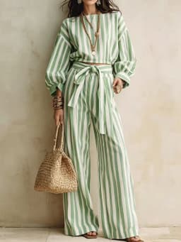 Casual Long Sleeved Loose 2Pc Suit Elegant O-neck Button Shirts & Lace-Up Pant Outfits Fashion Striped Print Wide Leg Pant Sets