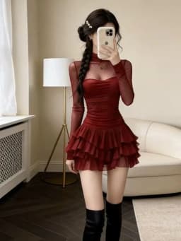 plus Size Sexy Chic Black High Collar Mesh Splice Short Dress Atmosphere Sensation Spicy Girl Dress High Waist A-Line Skirt