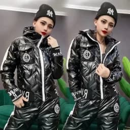 Winter Warm Waterproof Glossy Two Piece Sets Women Thicken Down Cotton Parkas Hooded Coats Suits High Wasit Sweatpants Outfits