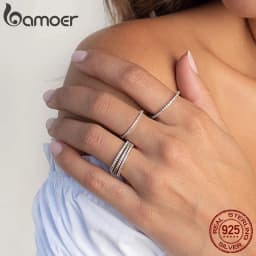 BAMOER 925 Sterling Silver Full Paved Simulated Diamond Stackable Rings, Women Gold Plated Engagement Eternity Bands Colored CZ