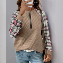 Plaid Patchwork Sweatshirt Loose Fit Literary Retro with Regular Length Autumn Striped Standard Thickness Crew Neck Women Hoodie