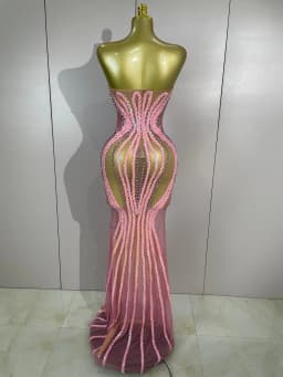 2026 Sexy Sparkly Pink Rhinetones Sequins Strapless Mesh Sheer Long Dress Birthday Evening Celebrate Party Nightclub Stage Wear