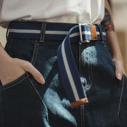 Maden Women's No-hole Blue and White Colorblocking Belts Double Ring Buckle Belt Retro Striped Woven Canvas Elastic Belt