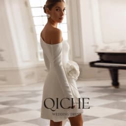 QICHE Modern Short Sheath Wedding Dresses Flower Off The Shoulder Long Sleeves Pleat Above-Knee Vestidos De Noiva Customized