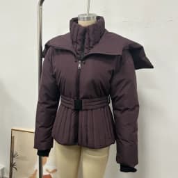Hooded Skiing Coats Women Solid Stand Collar Belts Pleated Zippers Full Sleeve Thicken Cotton Jacket 2026 Winter Lady Outwears