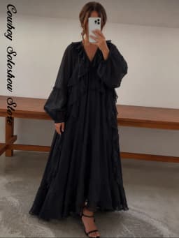 Elegant Ruffle Women's Dress Solid V Neck Full Lantern Sleeve Loose Long Casual Dresses New Street Beach Vacation Robe 2026
