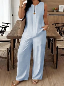Summer Women Fashion 2 Piece Set Solid Button Tank Tops & Vintage HIgh Elastic Waist Pants Sets Female Chic Pants Suit Outfits