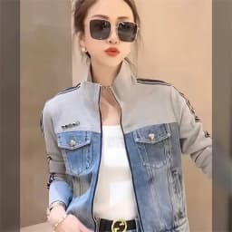 Autumn Women Stand-up Collar Zipper Denim Coat Korean Ladies Patchwork Cowboy Outwear 2025 Female Long Sleeves Jeans Jacket
