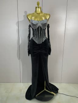 Luxury Sparkly Rhinestones Mesh Sexy Split Velvet Long Dress With Gloves Birthday Celebrate Wedding Gown Stage Photo Shoot Wear