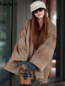 Lautaro Winter Luxury Elegant Thick Warm Soft Brown Bat Sleeved Faux Mink Fur Coat Women with V Neck Stylish Chic Fluffy Jacket