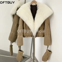 OFTBUY Duck Down Coat with Matching Gloves New Winter Warm Outerwear with Real Fox Fur Women Luxury Wool Blend Puffer Jacket