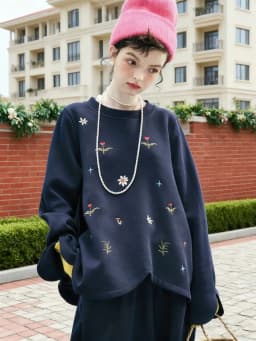 Floral Embroidered Navy Blue Sweatshirt - Casual Daily & Sweet Style Unique & Charming