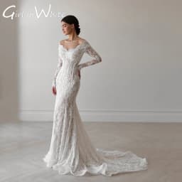 V-Neck Mermaid Wedding Dresses Off The Shoulder Long Sleeves Lace Applique Bridal Dress Formal Wedding Ball Prom Gown Customized