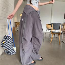 Vintage Patchwork Wide Leg Pants for Women Y2K Lapel Low Waist Streetwear Dance Pants American Hip Pop Loose Parachute Trousers