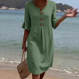 V-neck Button Solid Color Casual New Beach Vacation Style Versatile Dress For Women's A-line Lace Short Sleeved Patchwork Skirt
