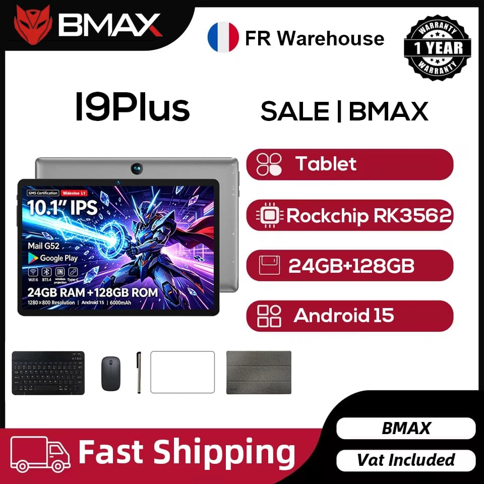 BMAX I9 Plus Tablet 10.1'' 1280*800 IPS 24(4+20)GB RAM 128GB ROM 6000mAh Type-C Rockchip RK3562 2-Core Android 15 Tablets WIFI 6 Bluetooth 5.4 Camera
