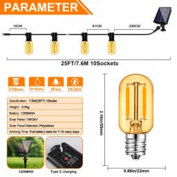 Outdoor Solar String Light Waterproof E12 Glass T22 Amber Bulbs 1W LED Retro Patio Lights for Outside Backyard Bistro Garden