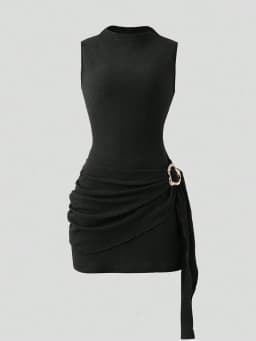 Women's Elegant Texture Fabric Pleating Waist Sice Ribbon Slim Fit Mini Dresses Casual Metal Buckle Solid Color Dress Summer