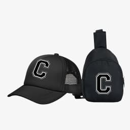 2pcs Kids' 26 letter printed pattern truck hat+chest bag set, stylish casual sunhat, portable storage purse, suitable for daily
