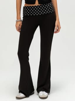 Womens Polka Dot Fold Over Waistband Flared Pants Elastic Low Waist Wide Leg Leggings Bell Bottoms Sweatpants