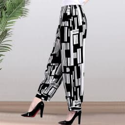 High Waist Lantern Pants Casual Cotton Silk Large Size Printed Long Trousers for Middle-Aged And Elderly Women
