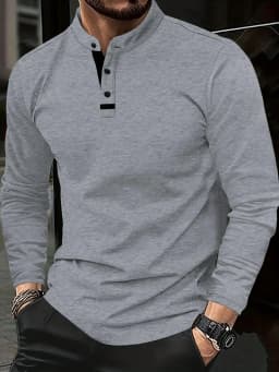 A Stylish Men's Round-Neck Plain Splicing Polo Shirt That Is Suitable for Summer, Autumn, and Winter, and Can Be Worn at Home