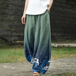 Retro Ukiyo-e Line Wave Sea Turtle Japanese Art Print Casual Pants Harajuku Lantern Trousers Women's Boho Wide Leg Pants