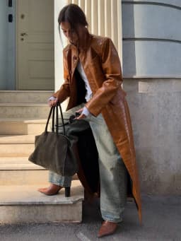 Solid Croc Embossed Faux Leather Long Trench Coat Lapel Single Breasted Straight Long Front Pockets Women Vintage Autumn Winter