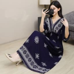 n Long Print Dr V-Ne Slimming Cotton Silk Beachwear Casual High Waist Summer Women's Loose Fit Overhead Dr