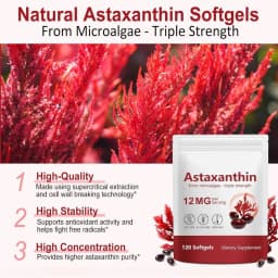 Astaxanthin Softgels 12mg Per Serving Microalgae 120 CT, Gluten-Free Soy-Free, Non-GMO Vegan, Supports Antioxidant Activity