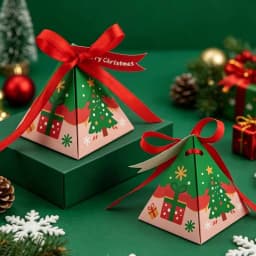 50Pcs Christmas Triangle Paper Candy Gift Box With Tag Ribbons Cookie Snack Chocolate Gift Packaging Box Xmas New Year Supplies