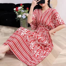 n Long Print Dr V-Ne Slimming Cotton Silk Beachwear Casual High Waist Summer Women's Loose Fit Overhead Dr