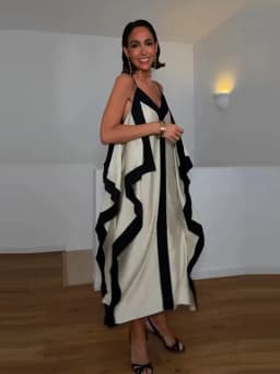 Contrast Black Trim Satin Maxi Dress Deep V Neck Loose Flowy Ruffle Hem Lady Long Gown 2026 Summer Formal Chic Vacation Dresses