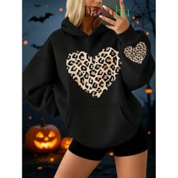 Trendy Oversized Pullover Hoodie Halloween Leopard Heart Print Autumn Winter Street Wear Daily Lounge Wear Fashion Sweatshirt