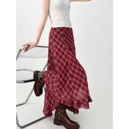 Spring Summer Vintage Two-Tone Plaid Midi Asymmetrical Hem A- Line Skirt Large Flounce Midi Length Silk Half Body Skirt
