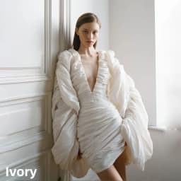 Elegant White Ruched Mini Evening Gown Deep V Oversized Puffy Sleeve Back Hollow Short Bridal Dress Civil Wedding Photo Outfit