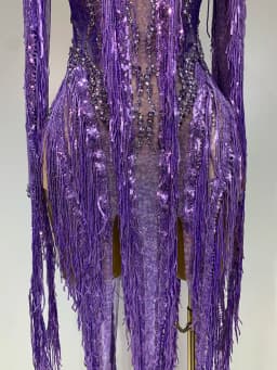 Women Sparkly Diamond Purple Tassel Long Sleeves Mesh See Through Dress Latin Dance Outfits Bar Nightclub Party Club Stage Wear