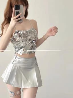 Fashionable Silver Top DJ Lead Bar Performance Costume Women's Chic Sexy Set Stage Outfit Jazz Dance Trendy Ensemble