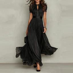 Elegant Chiffon Lace Trim Midi Dress Stand Collar Neck Puff Sleeve Cinched Waist Draped A Line Flowy Women's Casual Dresses