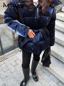 Chic Reflective Fabric Lace Up Hooded Cotton Jacket Women Stand Collar Full Sleeve Zipper Warm Overcoat 2026 Winter Lady Outwear