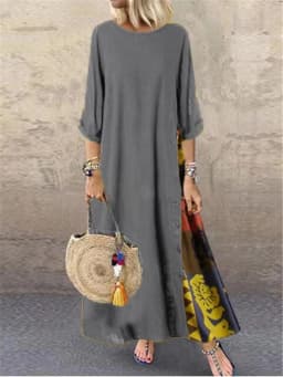 Women Vintage Print Patchwork Maxi Dress Boho 3/4 Sleeve Oversized Long Dress Casual Harajuku O Neck Loose Dress Elegant Robe