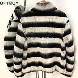 OFTBUY Stand Collar Natural Rabbit Fur Winter Jacket Female New Short Clothes Women Black White Striped Real Rabbit Fur Coat