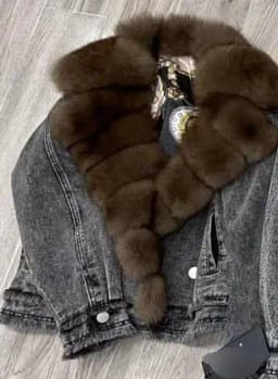 Denim Coat with Real Large Fox Fur Collar for Women, Furry Jacket, Fluffy Suit, Luxurious Brown and Yellow Coat, Winter Fashion