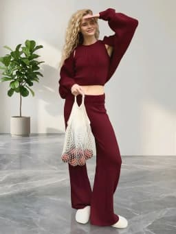 Wolfeel Women's Knitted Three Piece Ribbed Sleeveless Crop Top Long Sleeved and Long Pants Set Suitable for Casual Daily Wear