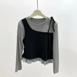 Girls' Spliced Color Blocking Long Sleeved 2025 Autumn Outfit New Fake Two-piece Layered Korean Style Little Girl Base T-shirt
